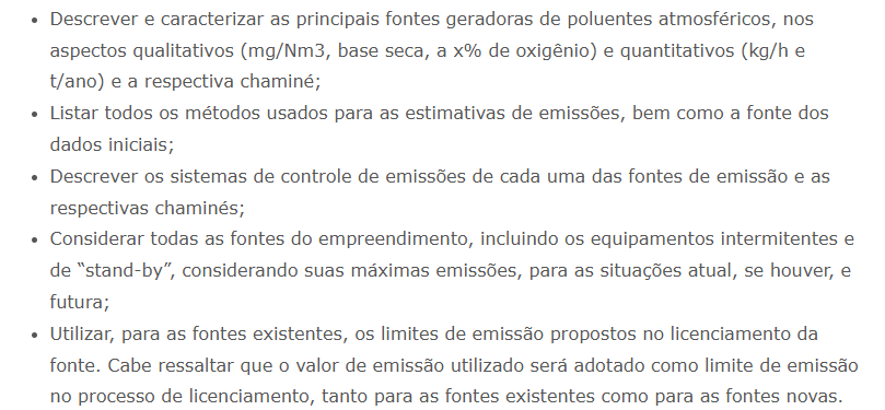 Lista dos itens exigidos pelo CETESB para o Estudo de Dispersão Atmosférica.